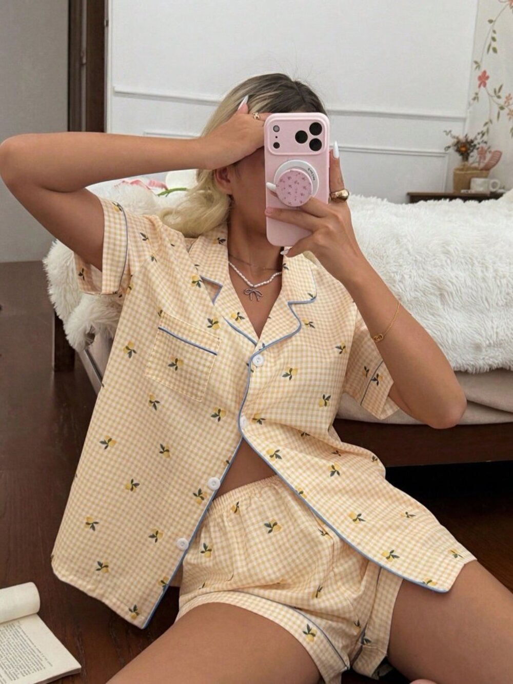 Yellow Women's Lemon Plaid Print Button-Front top & Shorts Pajama Set - Picture 4 of 7